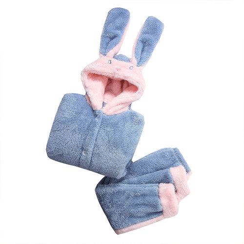儿童睡衣珊瑚绒秋冬女童小孩加厚款连帽法兰绒保暖睡袍家居服套装