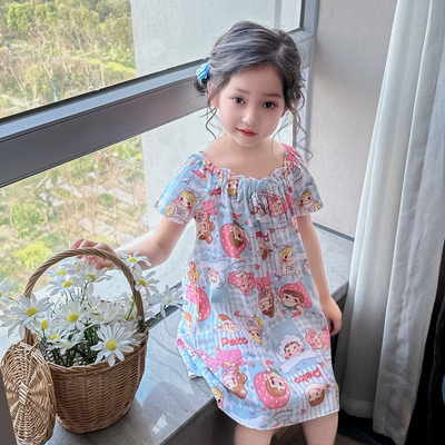 女童睡裙绵绸夏季棉绸儿童薄款短袖宝宝小孩吊带睡衣草莓牛家居服