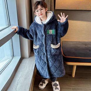 儿童睡衣秋冬季加厚款三层夹棉男童孩珊瑚绒法兰绒睡袍保暖家居服