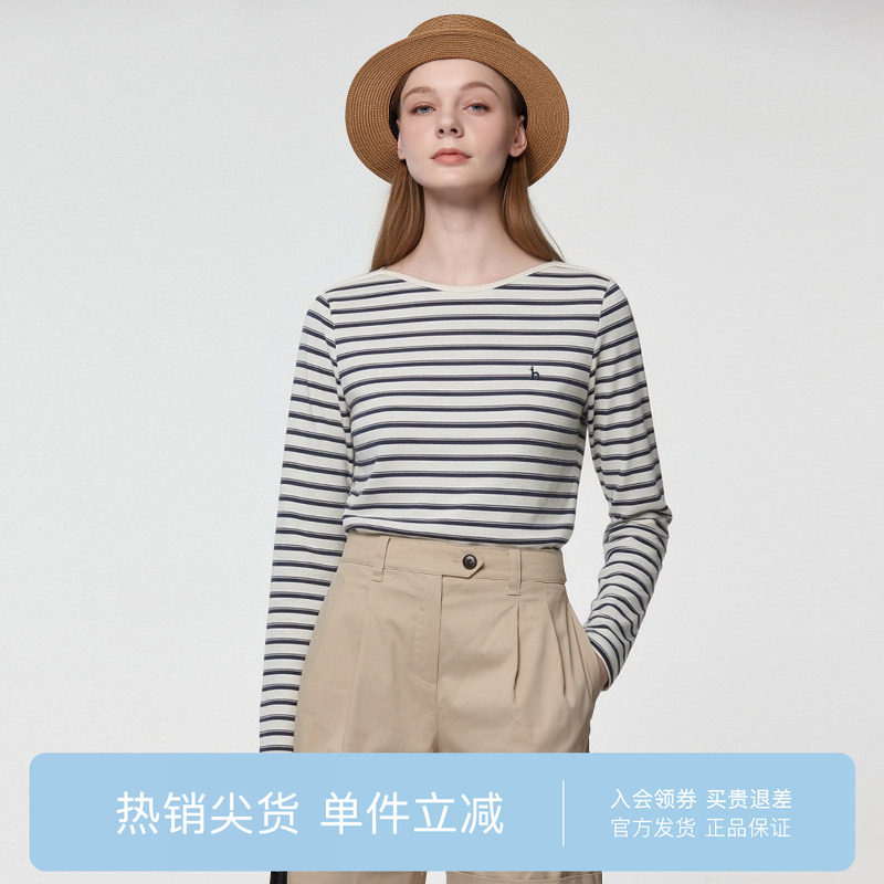 【专柜正品】Hazzys哈吉斯26春季新品女士条纹长T恤休闲圆领上衣