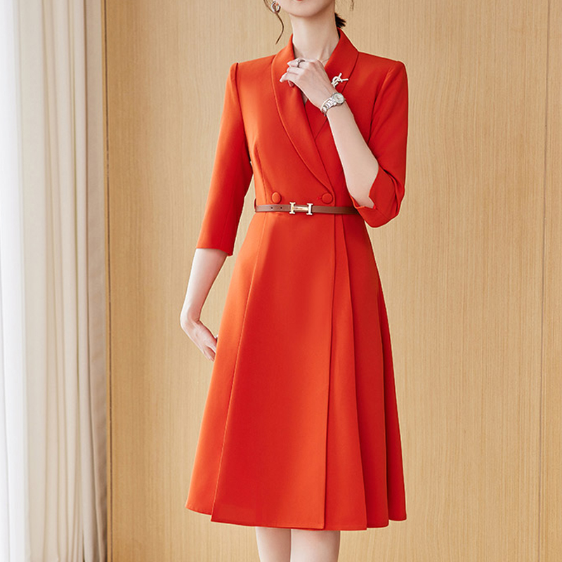 橙红色正式场合连衣裙气质时尚西装裙子主持人正装高级感职业装女