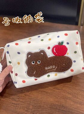 化妆包卡通整理旅行包袋手拿包包小猫可爱手拎收纳女逛街刺绣韩国
