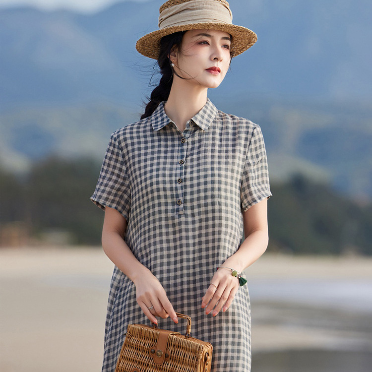 高端苎麻衬衫裙2025新款减龄女夏复古格纹棉麻裙子黑白格子连衣裙