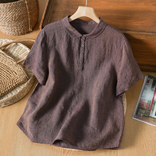 新款36支色织汉亚麻短袖衬衫娃娃领上衣女宽松高级感显瘦短袖上衣