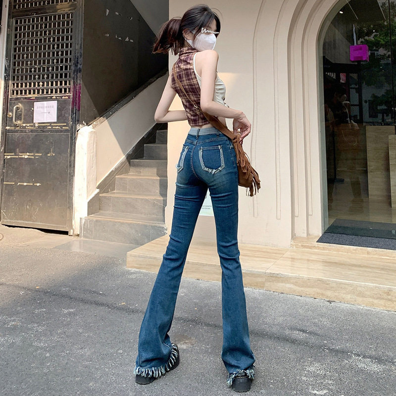 美式复古流苏微喇叭牛仔裤女新款拼接撞色毛边设计感马蹄拖地