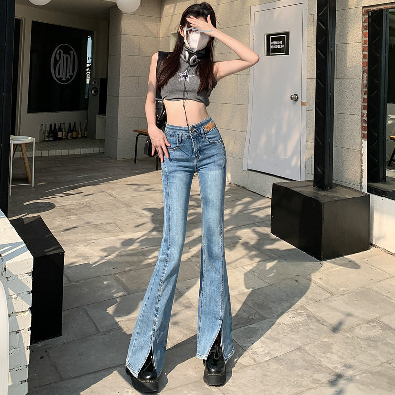 刘一菲黄亦玫同款高腰显瘦开叉牛仔裤女阔腿修身显瘦百搭微喇叭裤