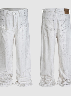 现货白色牛仔裤做旧刷蜡油漆BAGGY宽松直筒嘻哈美式CLEANFIT弯刀
