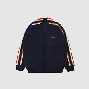 现货CORTEIZ无领条纹拉链毛衣针织开衫BOXY短宽外套嘻哈美式老钱