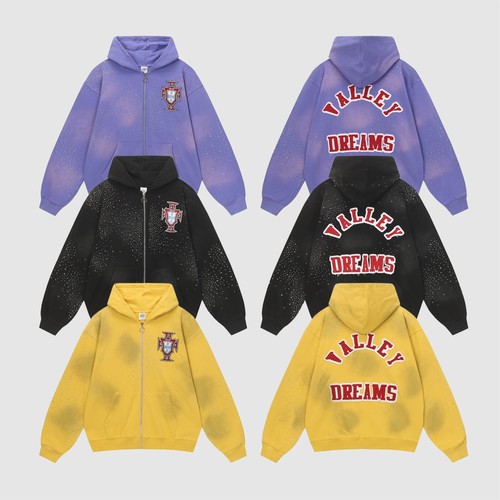 现货VALE FOREVER VALLEY烫钻做旧贴布拉链卫衣外套美式嘻哈BOXY