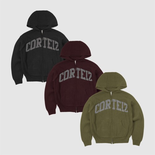 现货CORTEIZ恶魔岛拉链连帽毛衣针织开衫短宽外套嘻哈美式BOXY