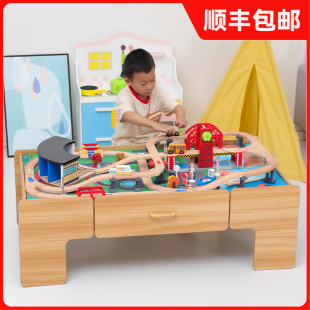 木质大颗粒积木桌子多功能玩具台儿童拼装火车轨道游戏益智椅套装