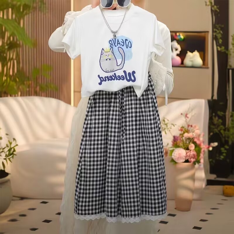 夏季女童套装薄款洋气时尚网红童装2025新款韩版格子裙裤中大童潮