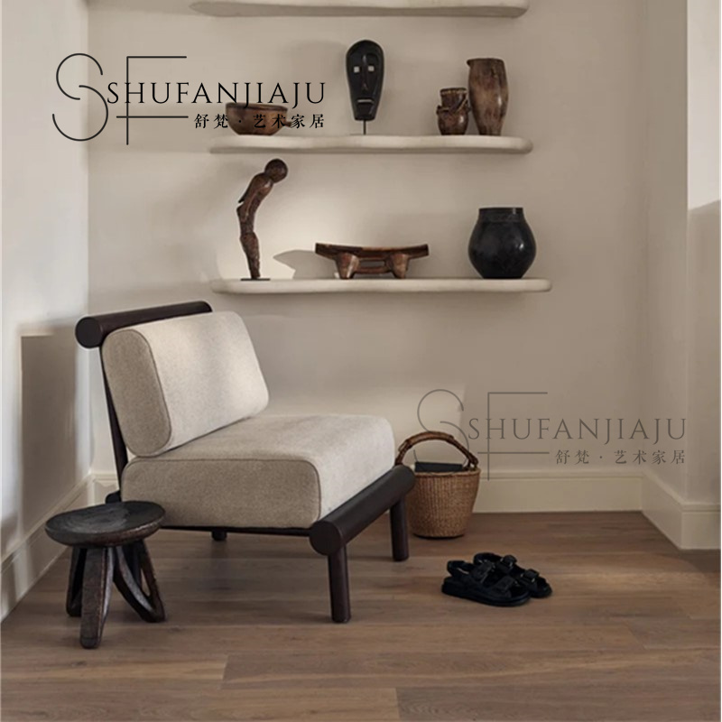 新中式民宿会所布艺休闲椅客厅实木单人椅设计师样板间中古沙发椅