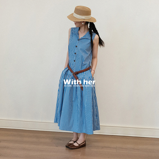 连衣裙 翻领地中海蓝白条纹衬衫 与她原创小众设计法式 复古休闲无袖