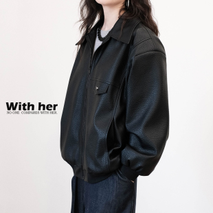 与她原创小众设计 街头拉链PU皮衣外套女宽松机车服 复古宽肩美式