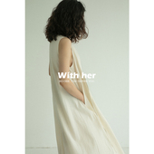 与她原创 仙女连衣裙 简约收腰无袖 纯色全棉质感宽松大码 A字长裙