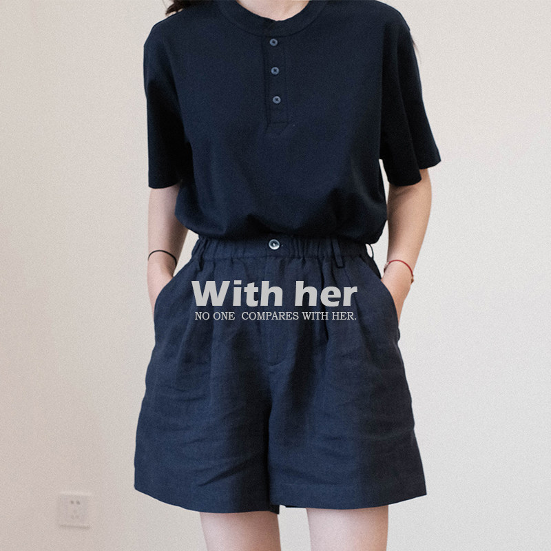 与她小众设计感 休闲复古宽松极简约亚麻高腰松紧腰阔腿中性短裤,女装/女士精品,休闲裤,淘宝优惠券,粉丝福利购,淘宝优惠卷