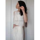 与她原创小众设计 上衣女 娃娃衬衫 夏纯色圆领宽松软无袖 露腰短款