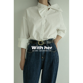 复古立领衬衫 与她原创小众设计 蝴蝶结绑带不规则纯色棉质 上衣女