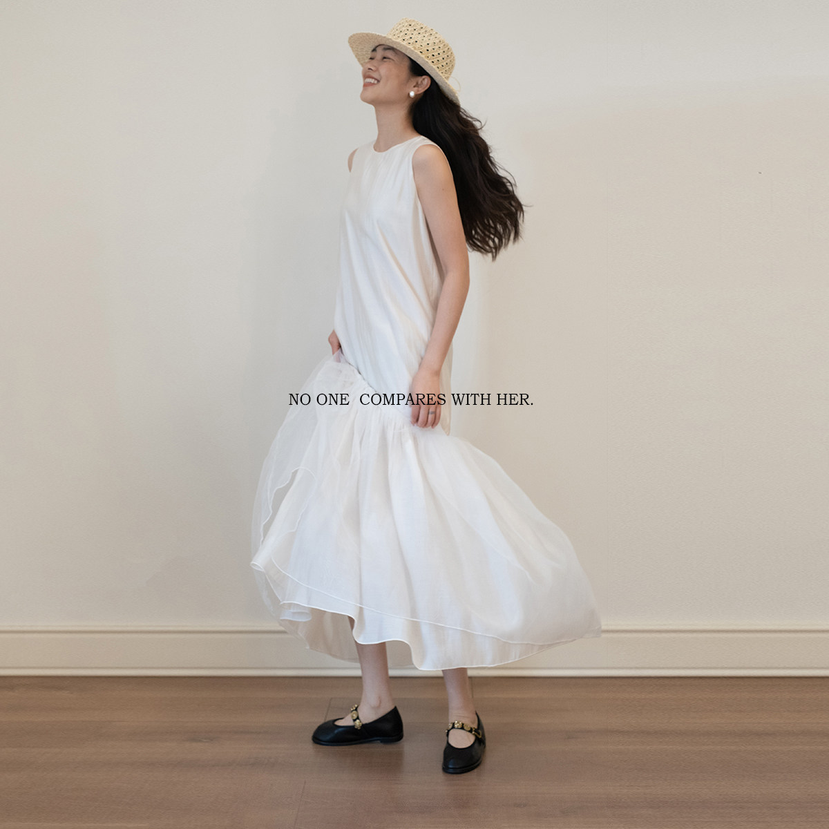 与她原创小众设计 法式轻婚纱宽松无袖简约加长款仙女拼纱连衣裙