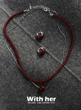 国风红豆串珠叠戴锁骨链耳饰