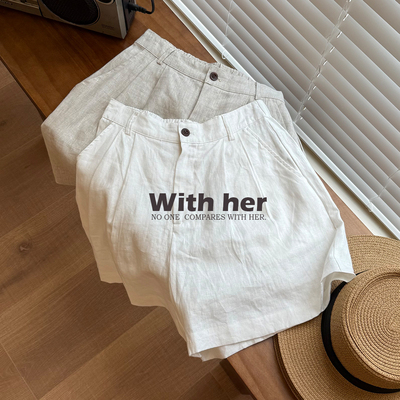 亚麻高腰松紧腰阔腿中短裤