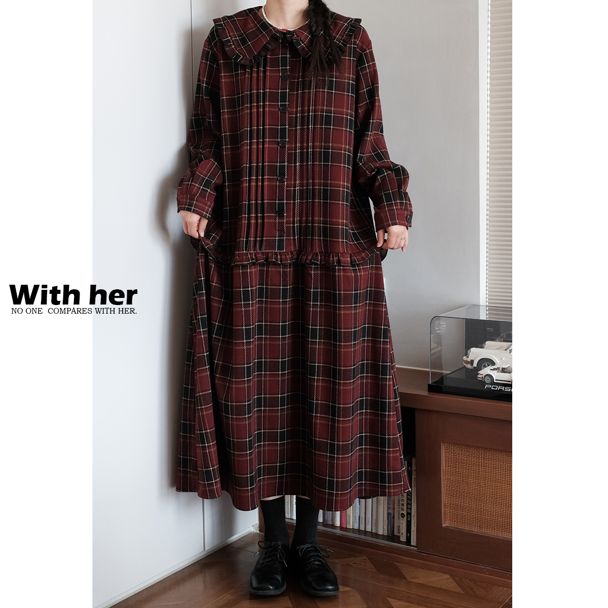 复古民族风娃娃领格纹连衣裙