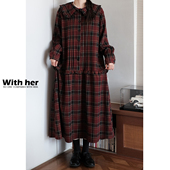 衬衫 与她原创小众设计 复古民族风娃娃领宽松格纹秋冬长袖 连衣裙
