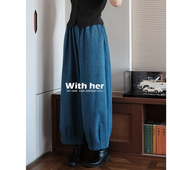 与她原创小众设计复古松紧高腰休闲宽松哈伦香蕉灯笼九分牛仔裤 女