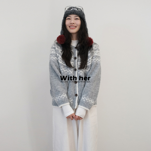 与她非原创厂供 女 复古费尔岛加厚提花粗线毛衣外套宽松针织开衫