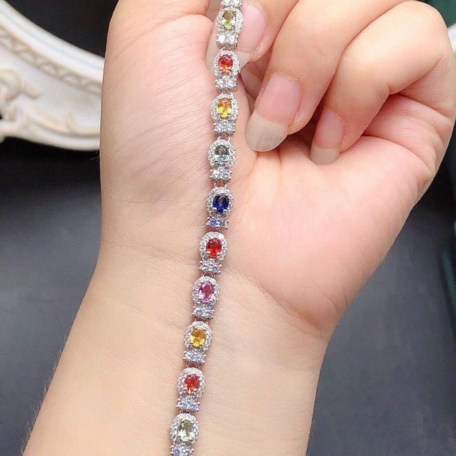 天然斯里兰卡无烧彩色蓝宝石手链高端高净度满火彩925银支持检测