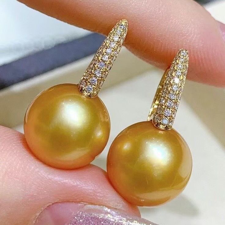 12-13mm澳南洋金珠耳环深金色海水珍珠耳坠钻石耳扣精品