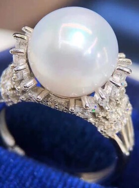 天然海水澳白珍珠戒指冰雪女王经典款正圆强光纯电镀18K白金活口