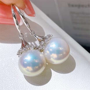 天然白珍珠18k耳环女气质长款耳坠白色珠子正圆耳钩简约耳饰