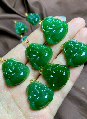 天然和田玉碧玉佛公吊坠18k金镶嵌女款弥勒佛项链锁骨链民族风