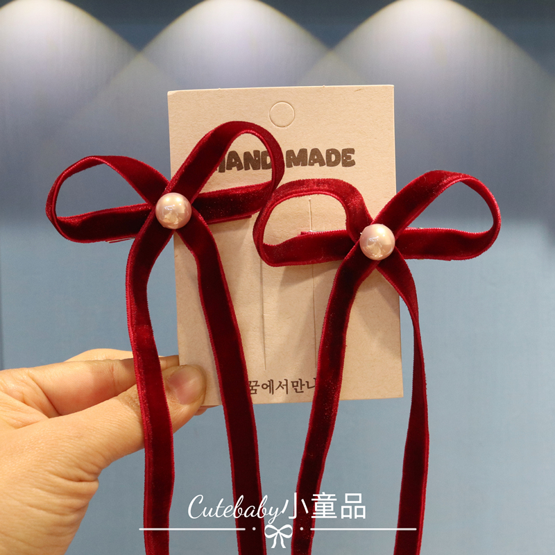 蝴蝶结发饰儿童头饰长飘带宝宝红色新年珍珠发夹女童发卡公主发卡