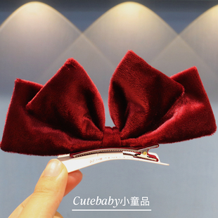 红色双层立体丝绒蝴蝶结儿童发夹公主圣诞节2025新年发饰女童头饰