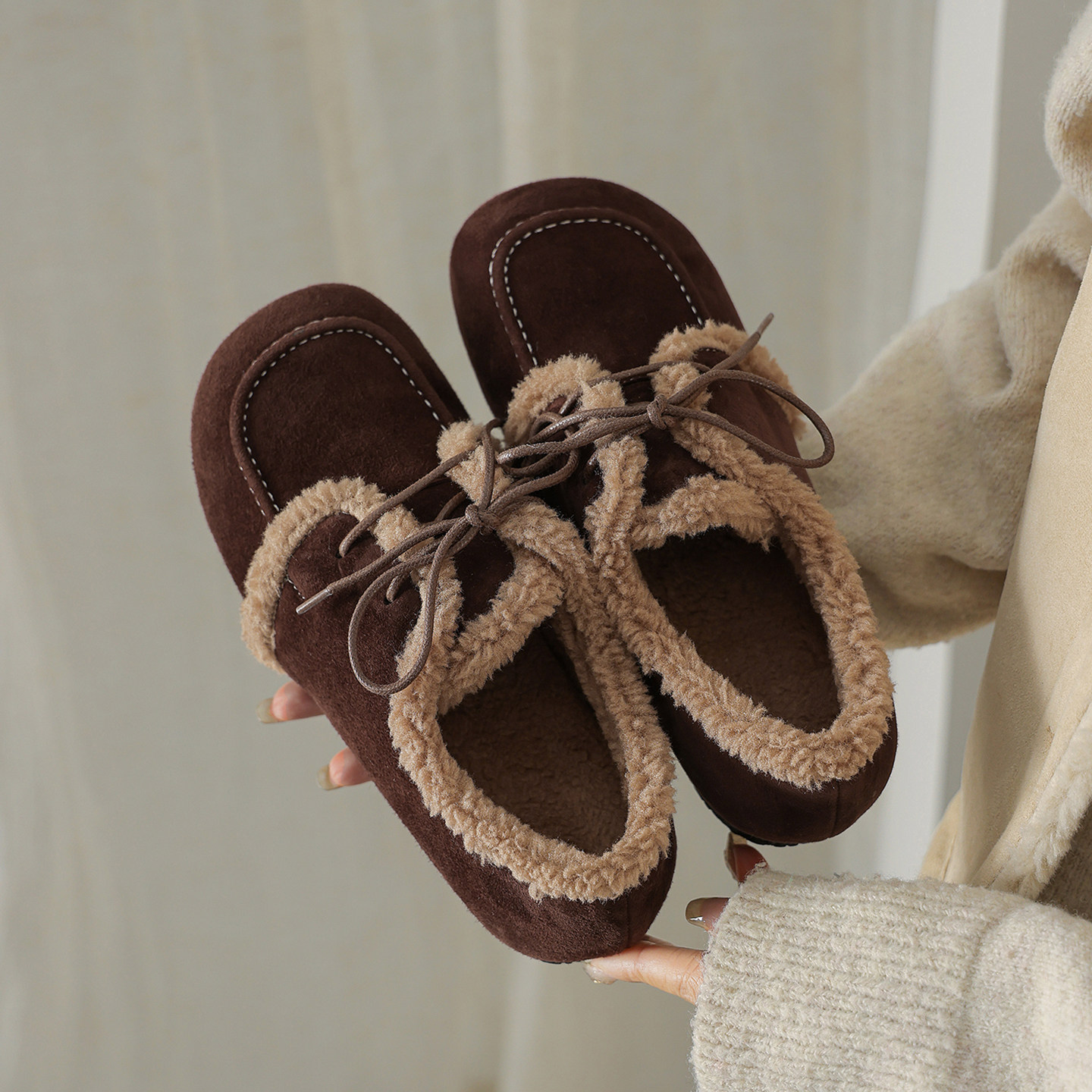 麂皮加绒毛毛鞋女冬季系带勃肯鞋百搭圆头平底保暖棉鞋毛绒雪地靴,女鞋,深口单鞋,淘宝优惠券,粉丝福利购,淘宝优惠卷