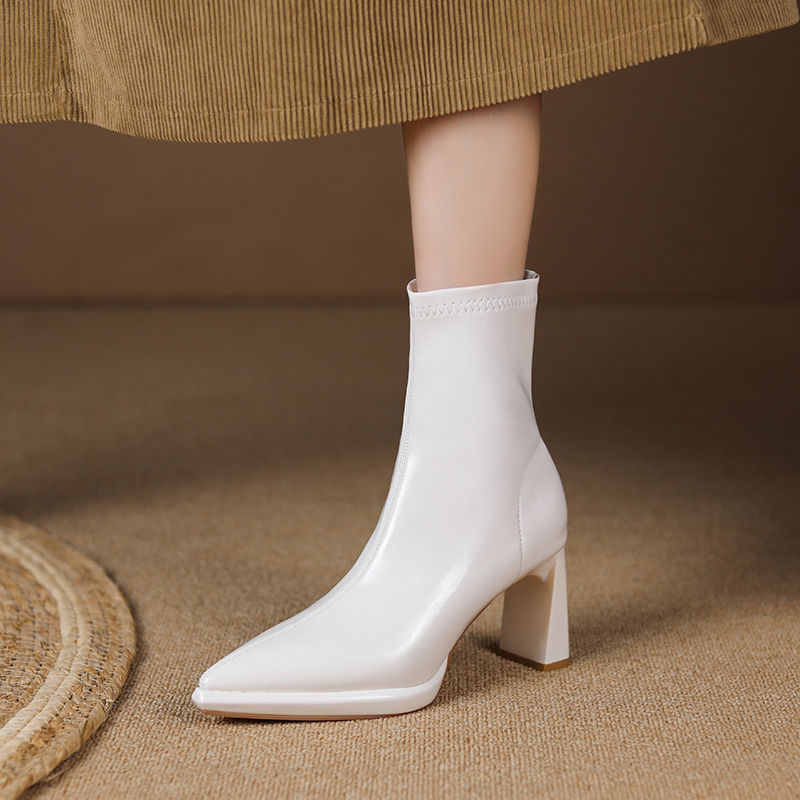 真皮百搭高跟尖头弹力靴女