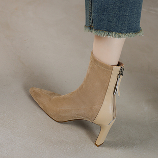 网红尖头细跟瘦瘦短靴秋冬高跟弹力靴女 时髦百搭 ins 强推自留