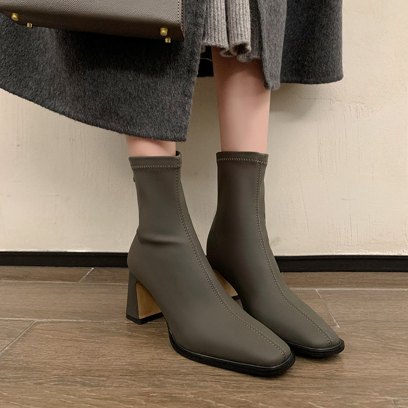超提气质~软面真皮弹力瘦瘦靴高跟马丁靴后拉链粗跟法式短靴女,女鞋,时装靴,淘宝优惠券,粉丝福利购,淘宝优惠卷