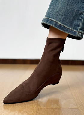 巨显瘦~！复古绒面尖头瘦瘦靴女内增高真皮弹力靴短靴袜靴单靴秋