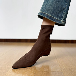 巨显瘦~！复古绒面尖头瘦瘦靴女内增高真皮弹力靴短靴袜靴单靴秋