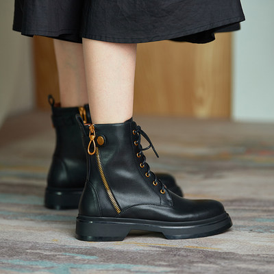 小个子增高厚底马丁靴女22新款侧拉链系带短靴裸靴子 虎窝淘
