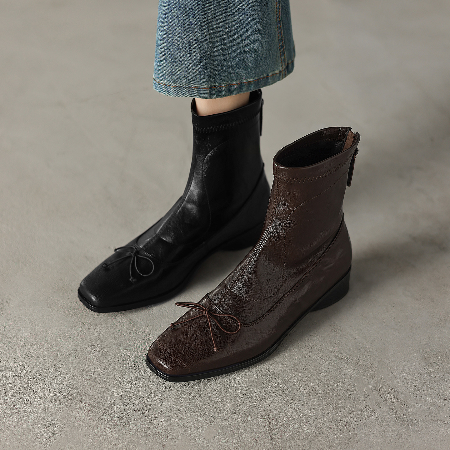 复古方头羊皮弹力瘦瘦靴女2025年秋冬新款真皮气质百搭平底短靴,女鞋,时装靴,淘宝优惠券,粉丝福利购,淘宝优惠卷