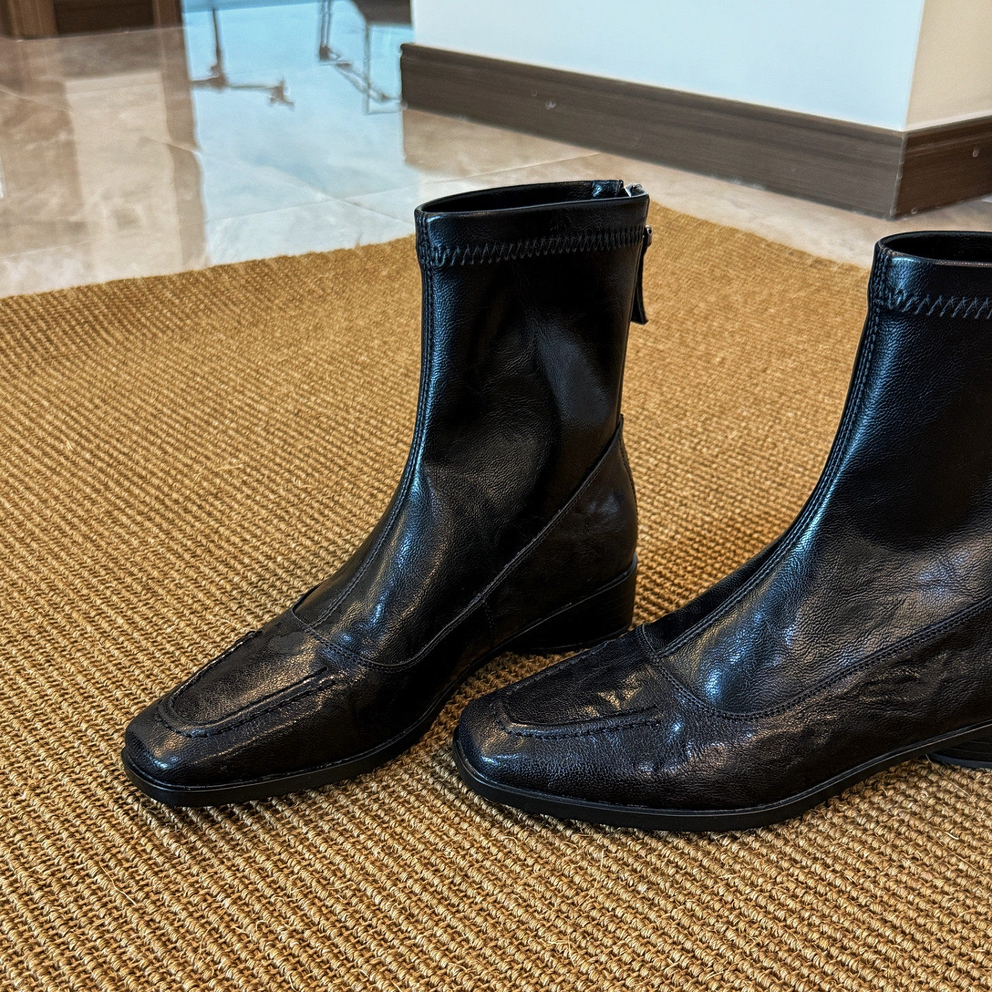 通勤款~黑色真皮方头短靴女2025新款低跟后拉链短靴简约百搭3cm,女鞋,时装靴,淘宝优惠券,粉丝福利购,淘宝优惠卷