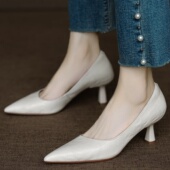 女细跟简约气质职业高跟鞋 巨巨舒服 羊皮尖头浅口显瘦单鞋 子