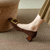 法式 气质方扣真皮粗跟通勤高跟鞋 复古方头浅口单鞋 女2025春秋新款