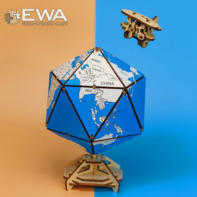 EWA二十面体地球仪摆件3D立体拼图积木模型diy手工木制收纳盒礼物