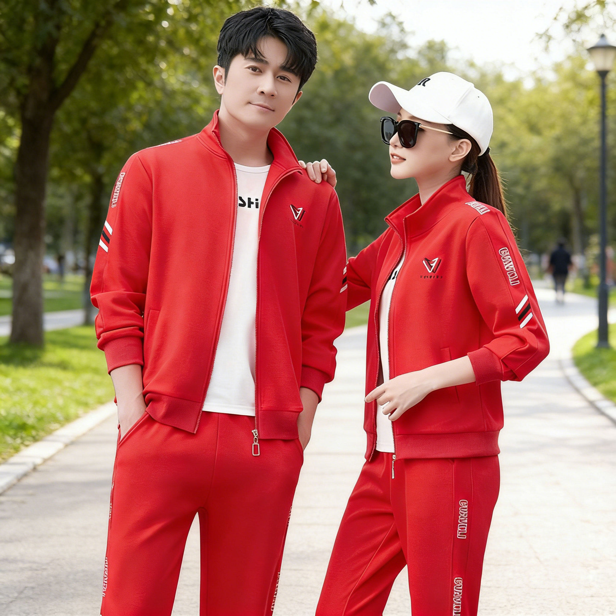 春季情侣装运动套装男女通用白色时尚高级感卫衣休闲跑步服三件套